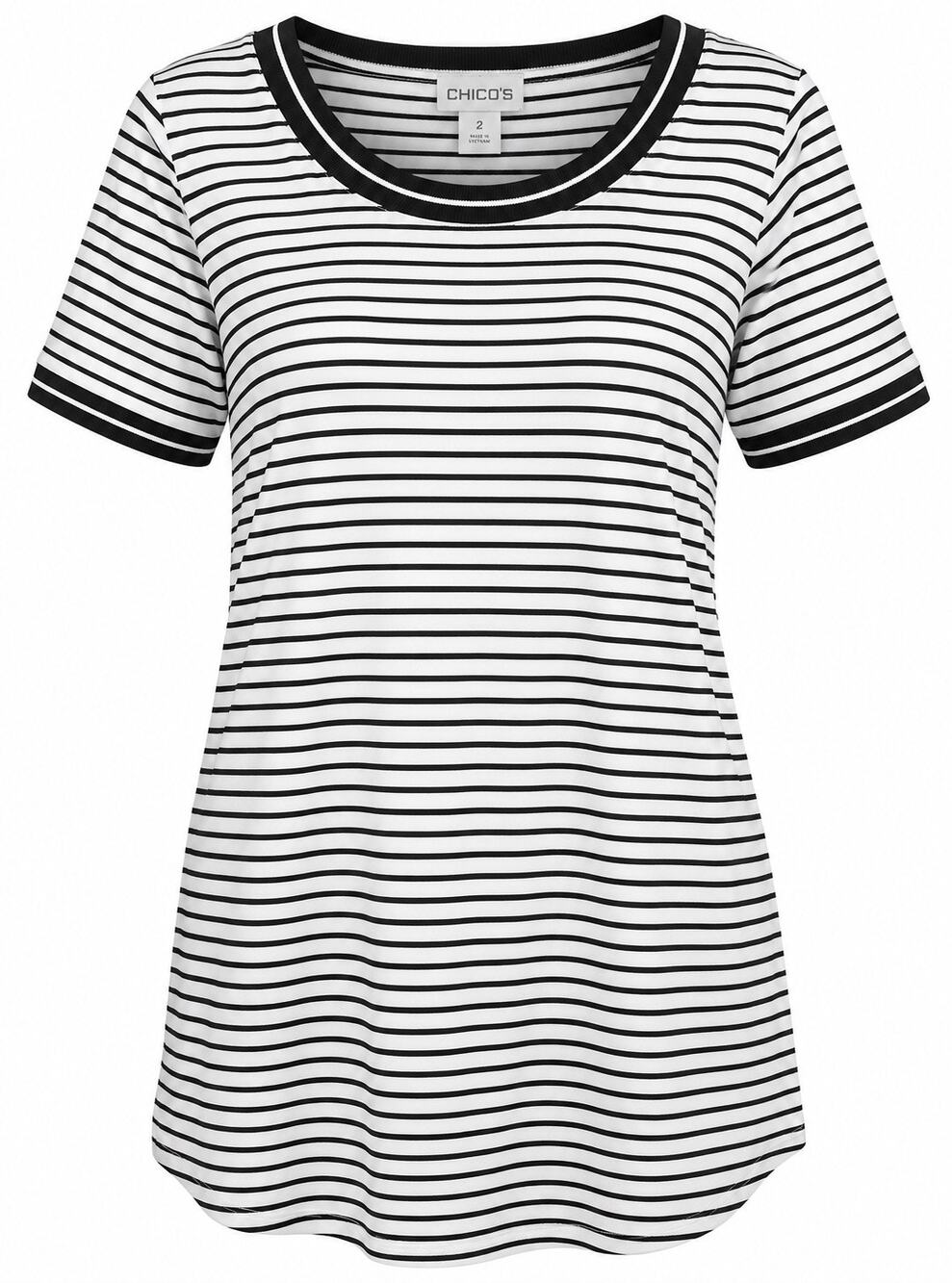 Chico’s Black White Striped Short Sleeve Tunic Top Contrast Trim Classic Casual